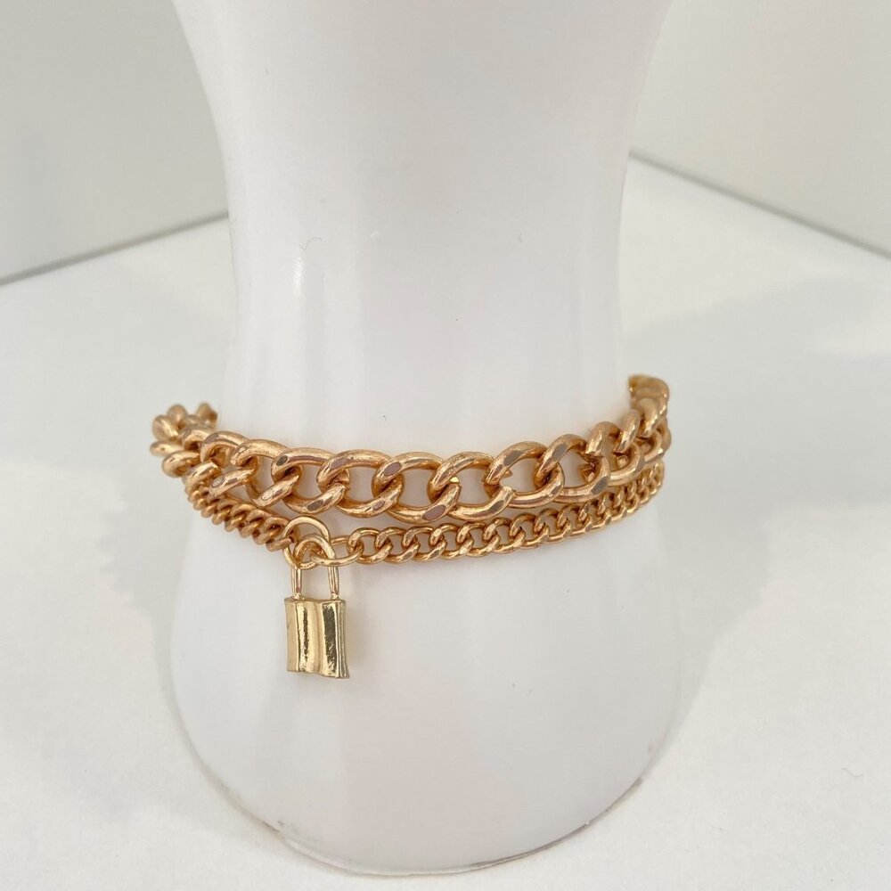 Gold-Tone Y2K Style Double Chain Bracelet With Padlock Charm Adjustable Fit Mini